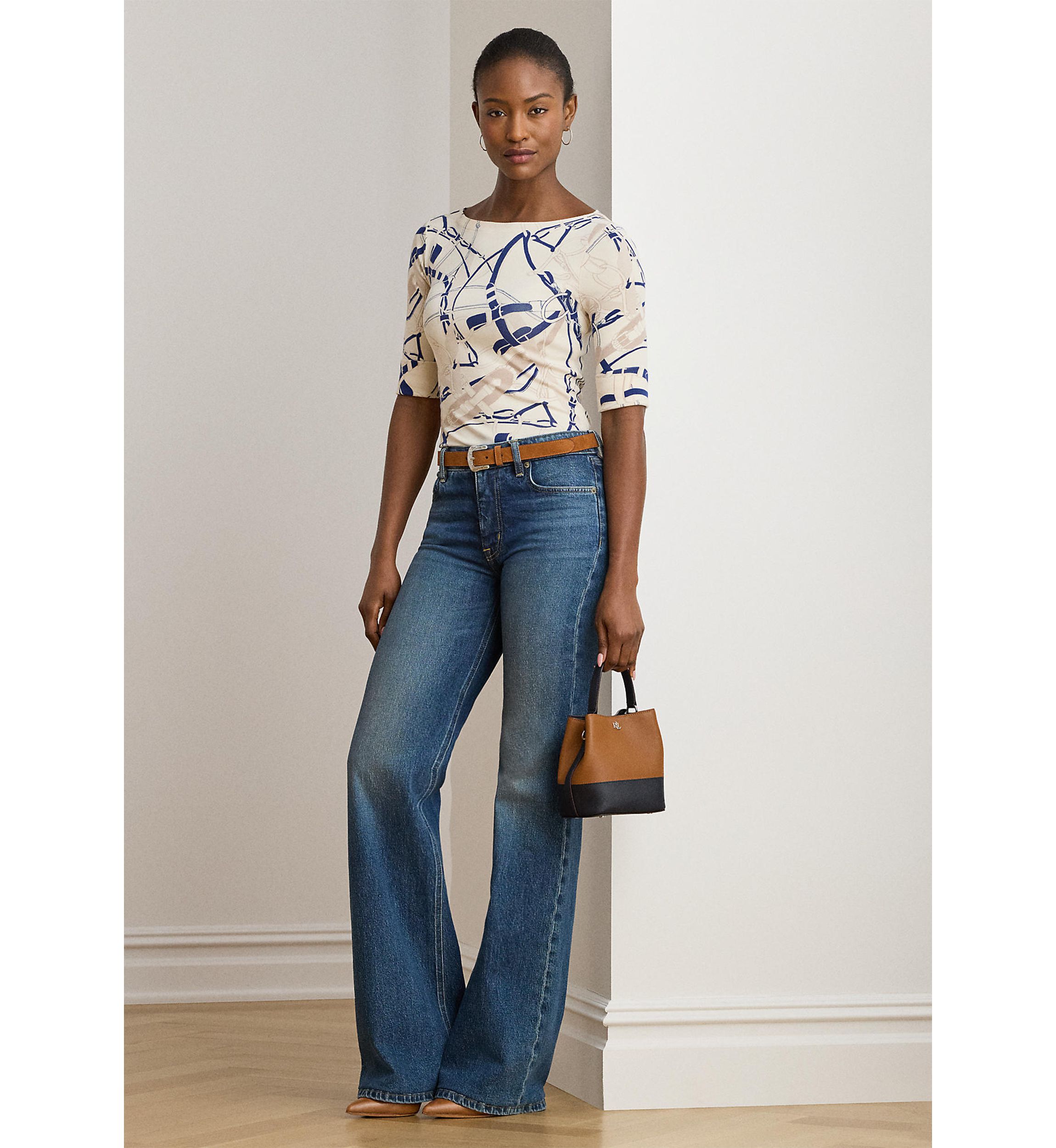 Petite Belting-Print Cotton Boatneck Tee