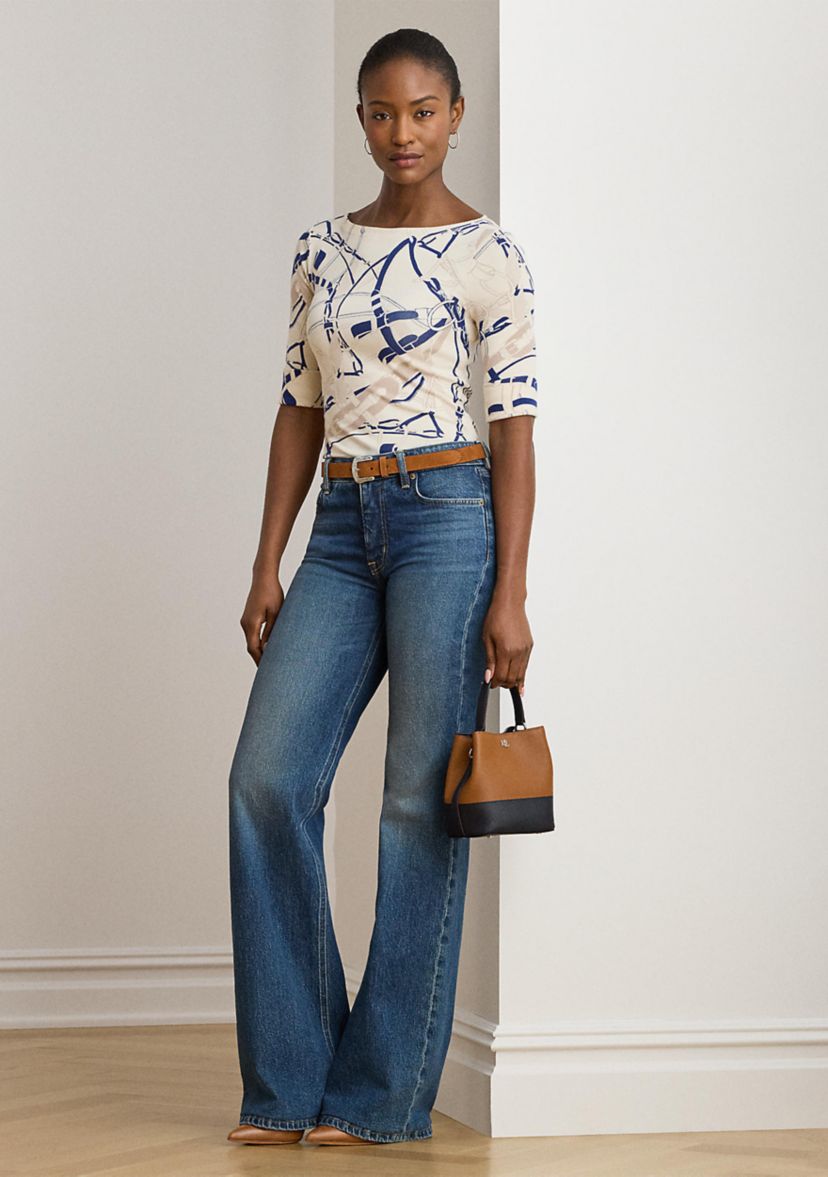 Petite Belting-Print Cotton Boatneck Tee