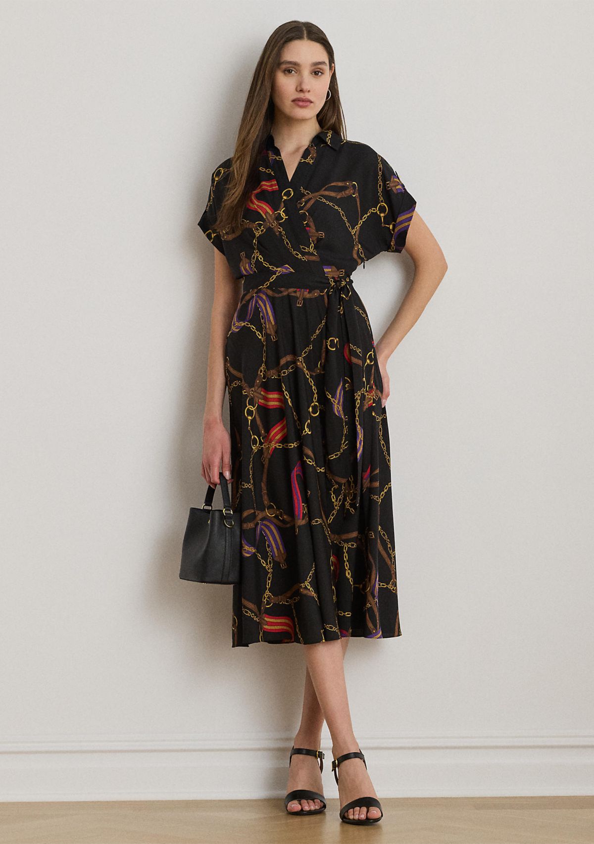 Petite Belting-Print Belted Crepe Dress