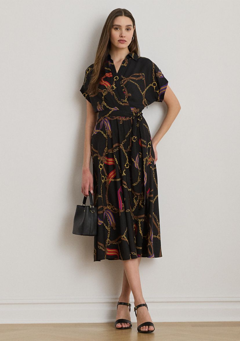 Petite Belting-Print Belted Crepe Dress