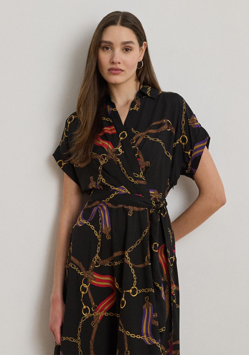 Petite Belting-Print Belted Crepe Dress