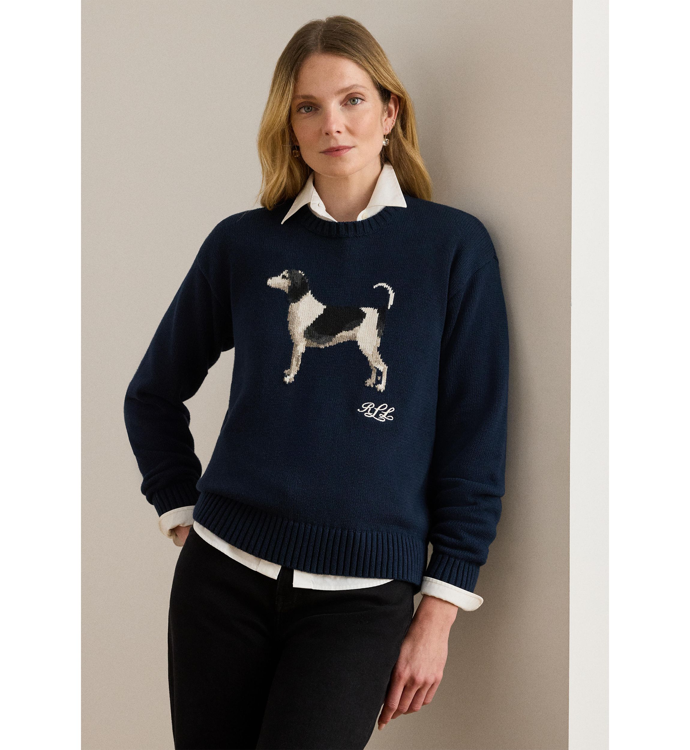 Petite Intarsia-Knit Dog Cotton Sweater