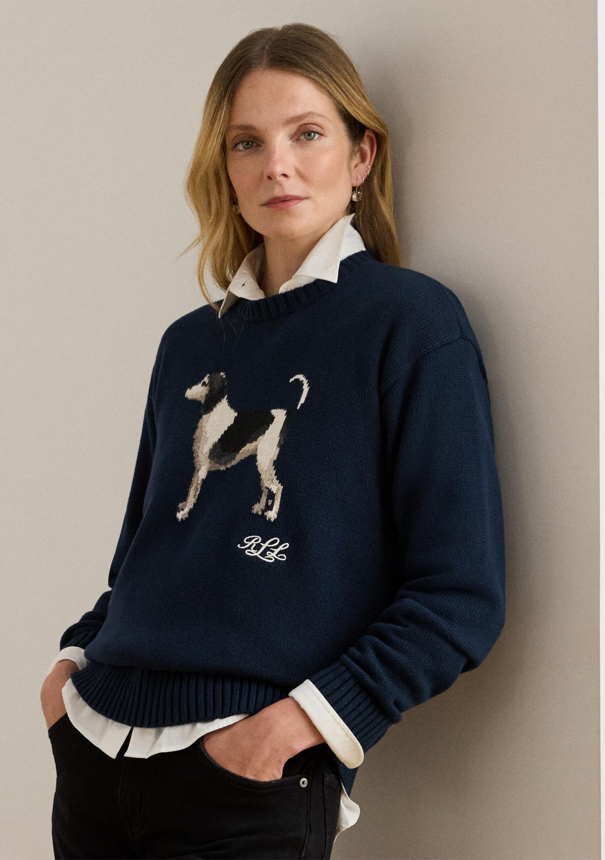 Petite Intarsia-Knit Dog Cotton Sweater