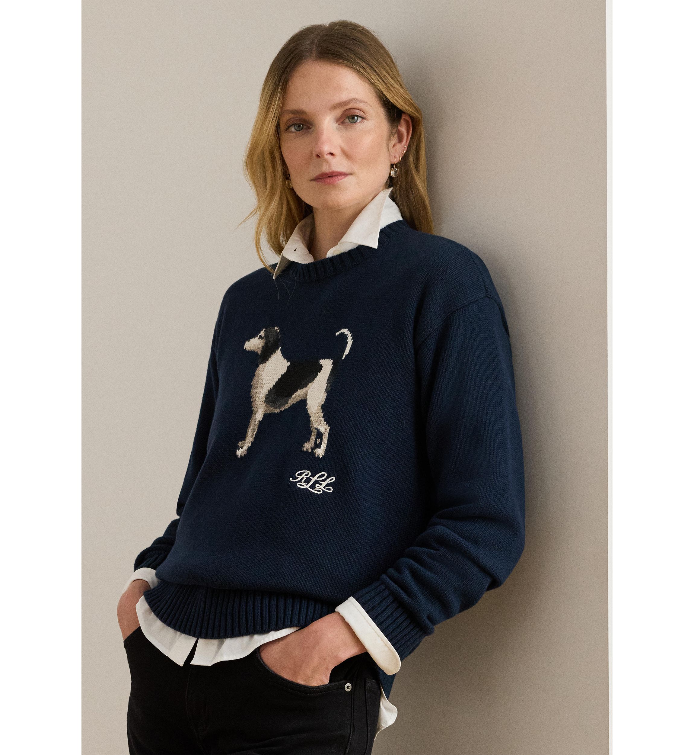 Petite Intarsia-Knit Dog Cotton Sweater
