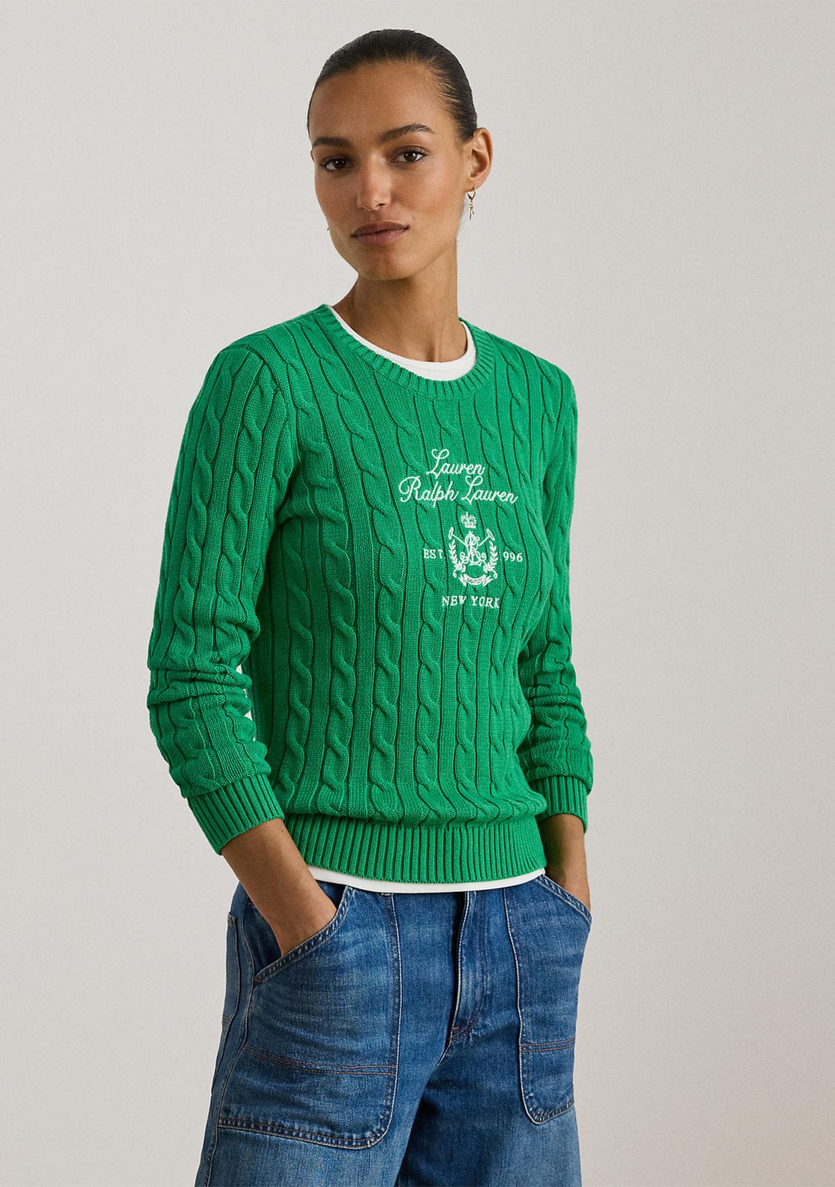 Petite Embroidered-Crest Cable-Knit Sweater