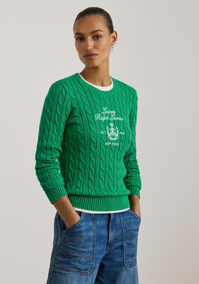 Petite Embroidered-Crest Cable-Knit Sweater