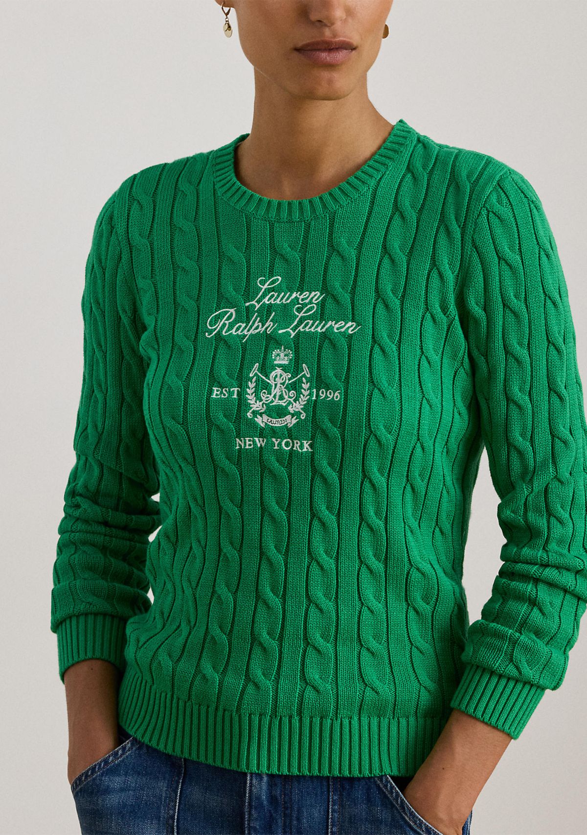 Petite Embroidered-Crest Cable-Knit Sweater