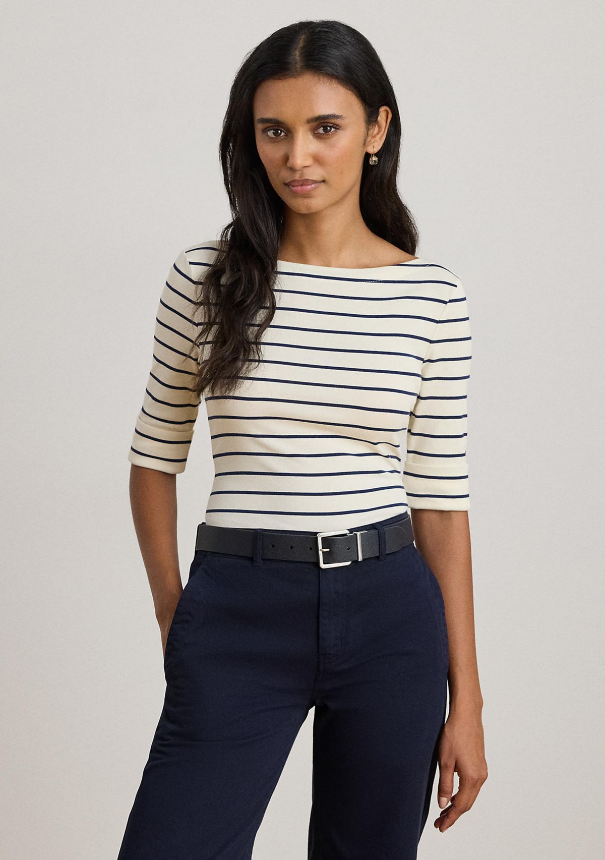 Petite Striped Stretch Cotton Boat Neck T-Shirt
