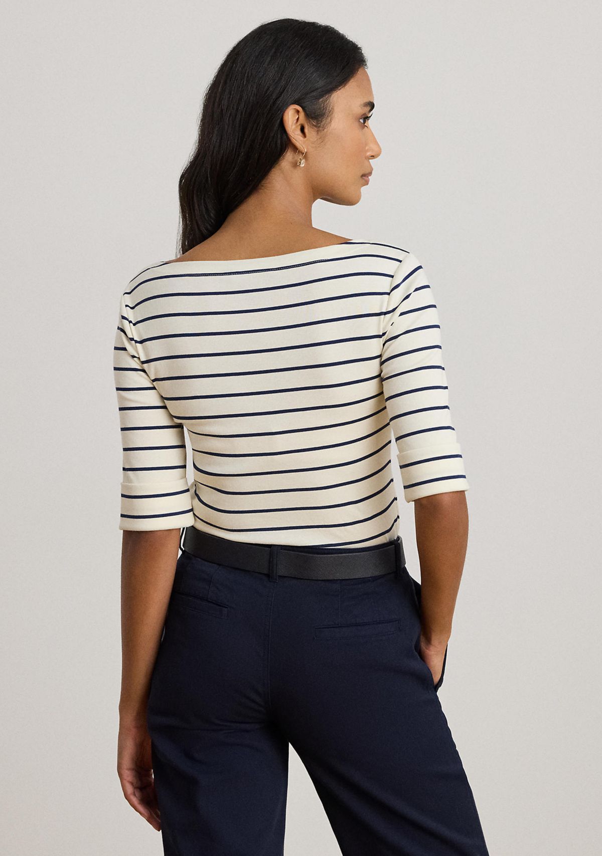 Petite Striped Stretch Cotton Boat Neck T-Shirt