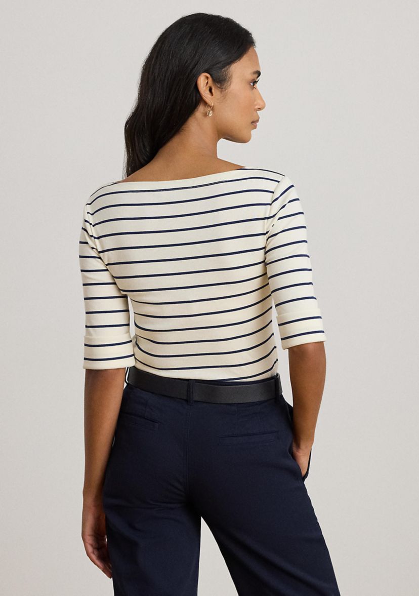 Petite Striped Stretch Cotton Boat Neck T-Shirt