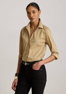Lauren Ralph Lauren Women's Petite Classic Fit Stretch-Cotton Blend Shirt, Tan, PM