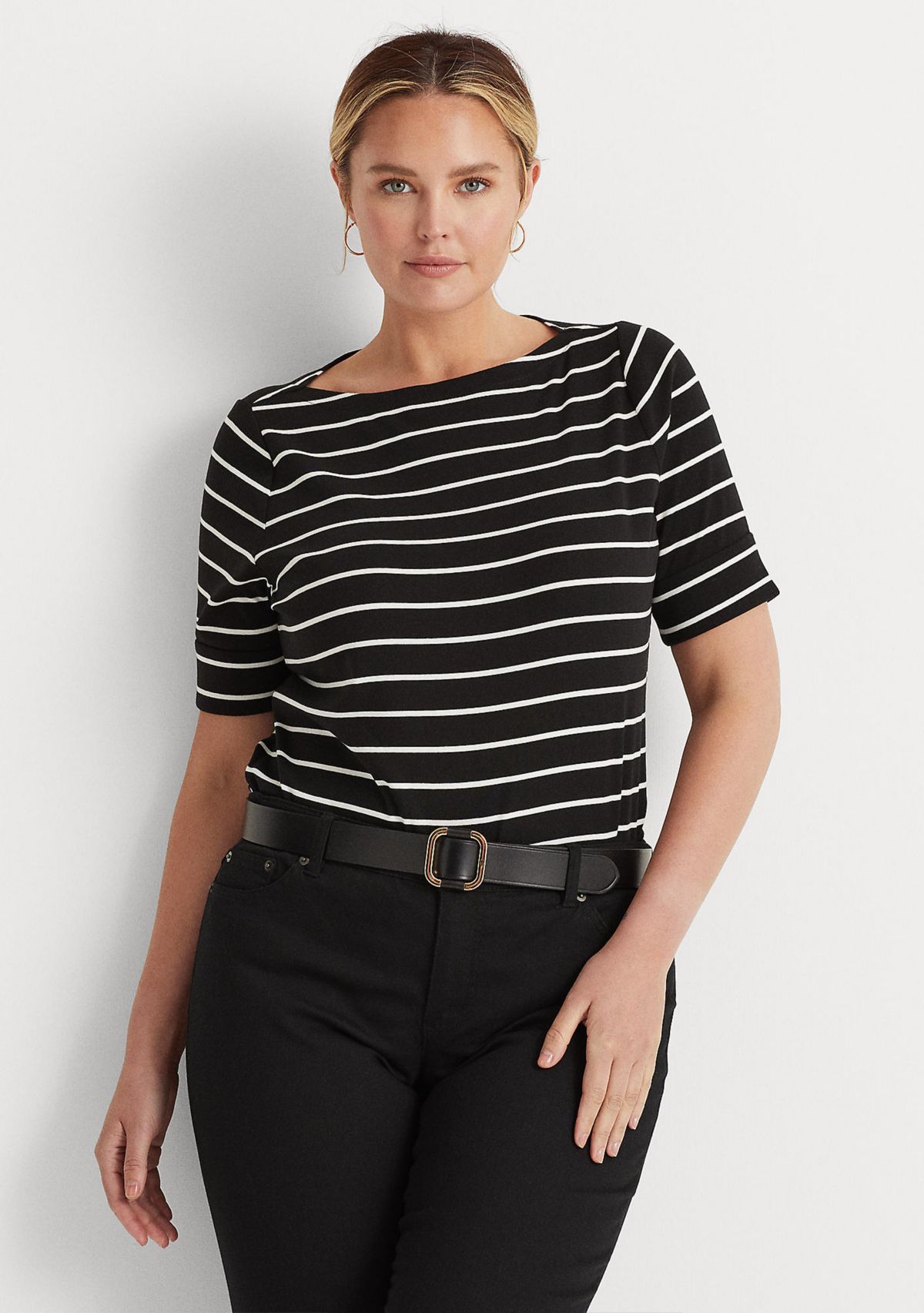 Plus Size Striped Boat Neck Top