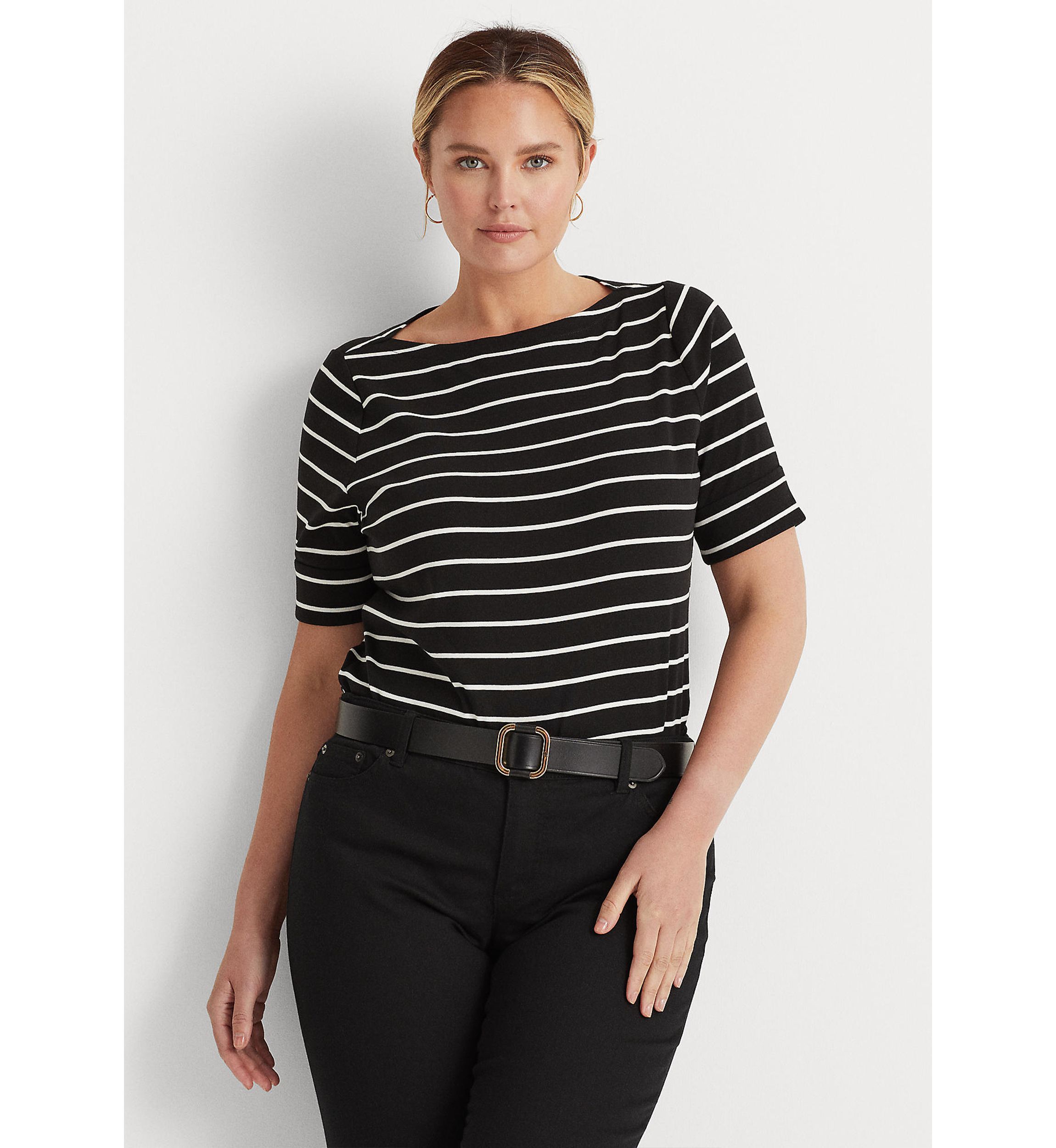 Plus Size Striped Boat Neck Top