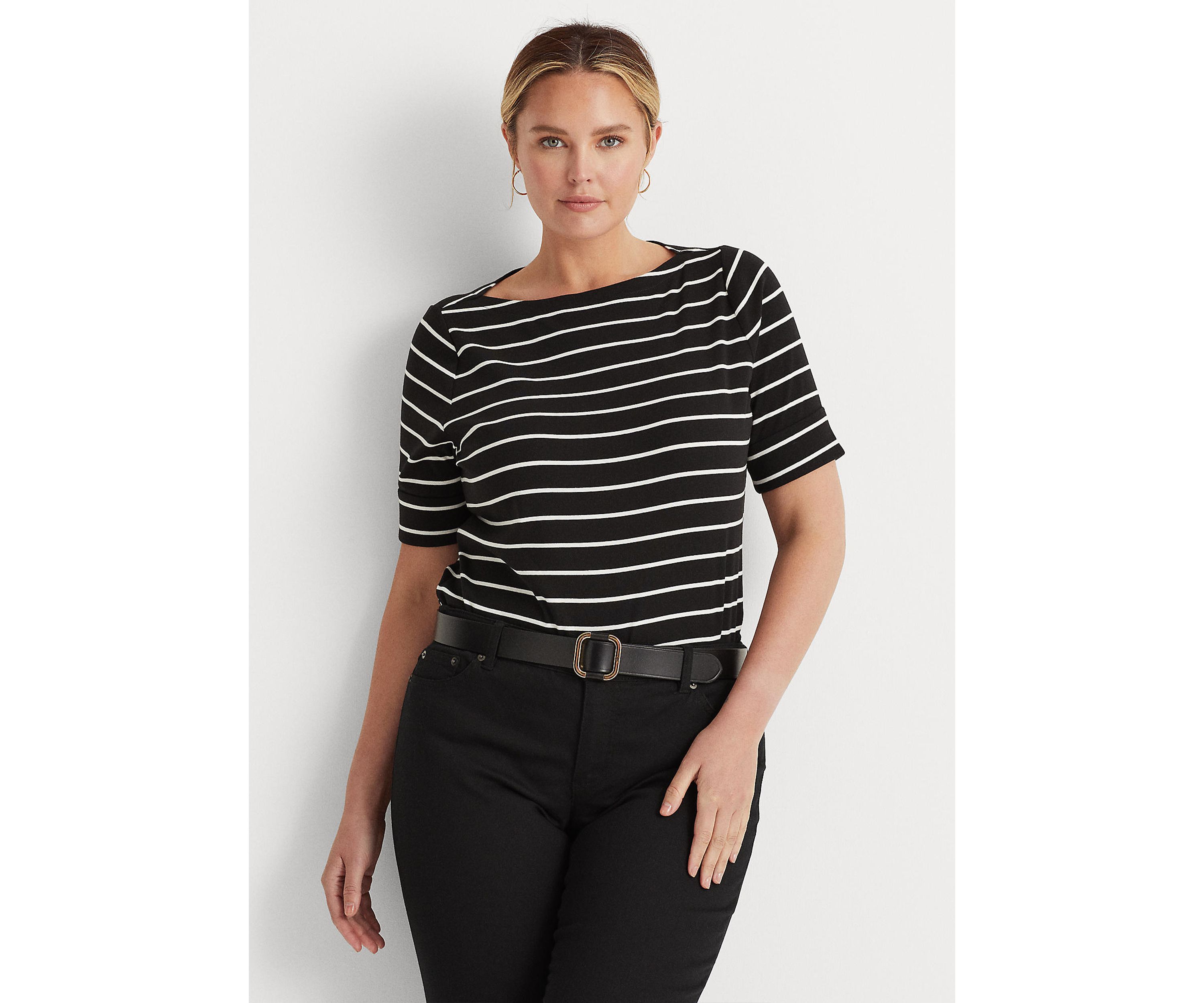 Plus Size Striped Boat Neck Top