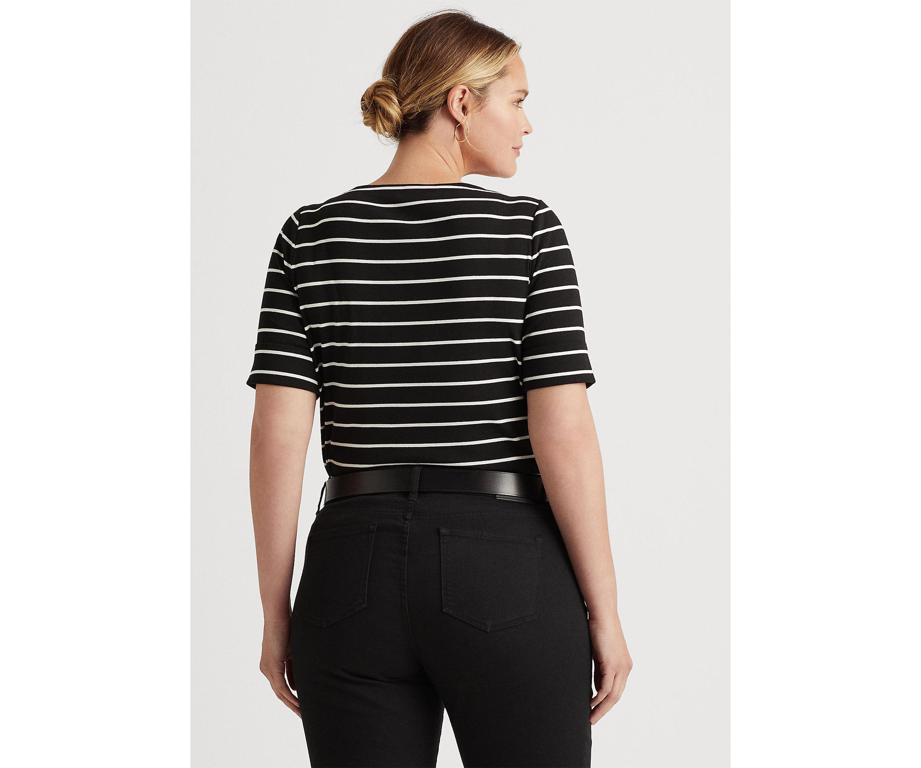 Plus Size Striped Boat Neck Top