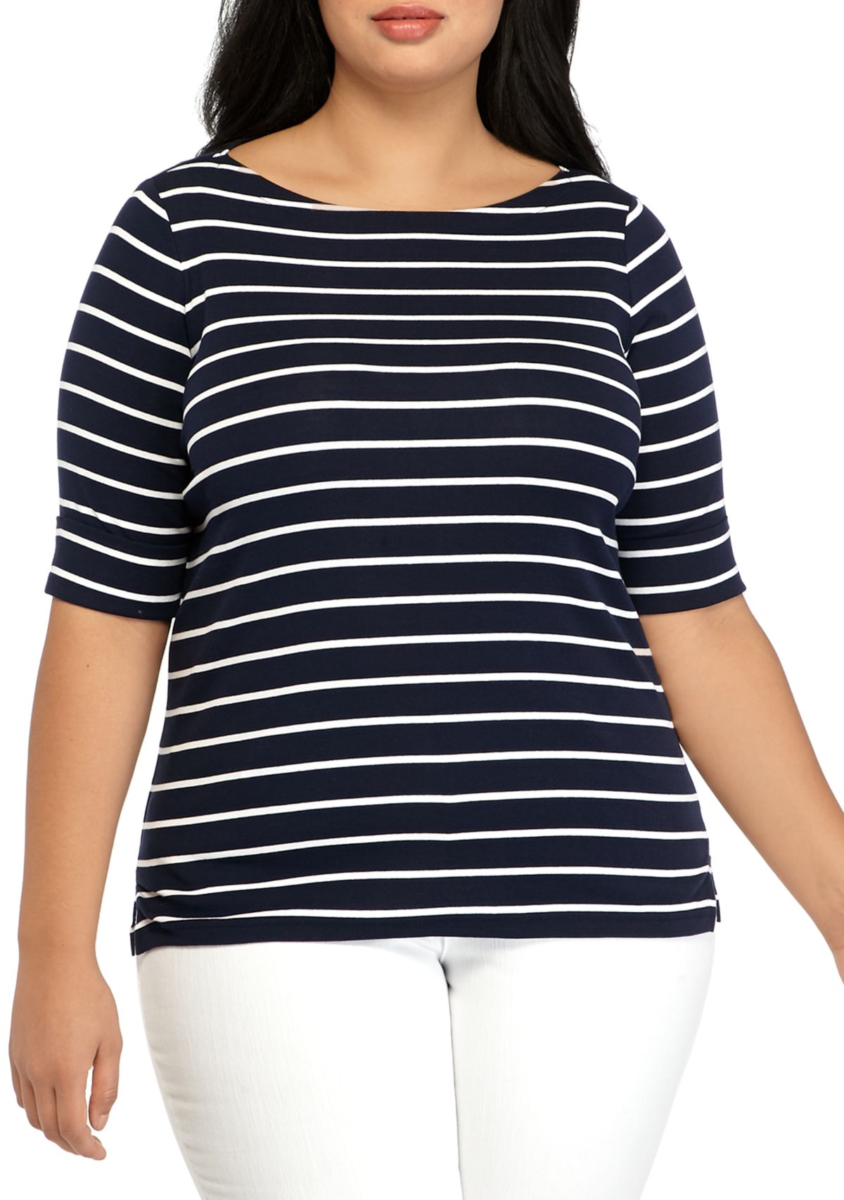 Plus Size Stripe Elbow Sleeve Knit Top 