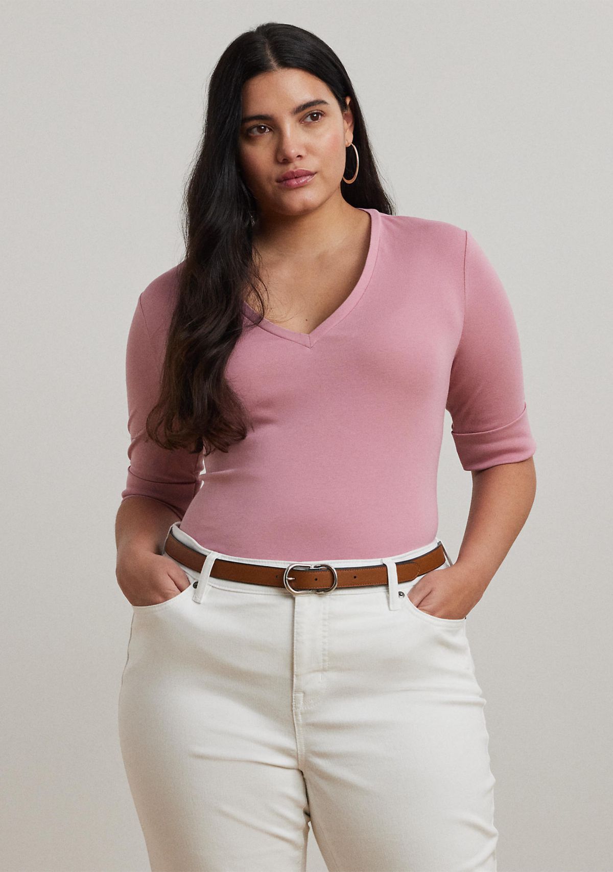 Plus Size Stretch Cotton Elbow Sleeve V-Neck T-Shirt