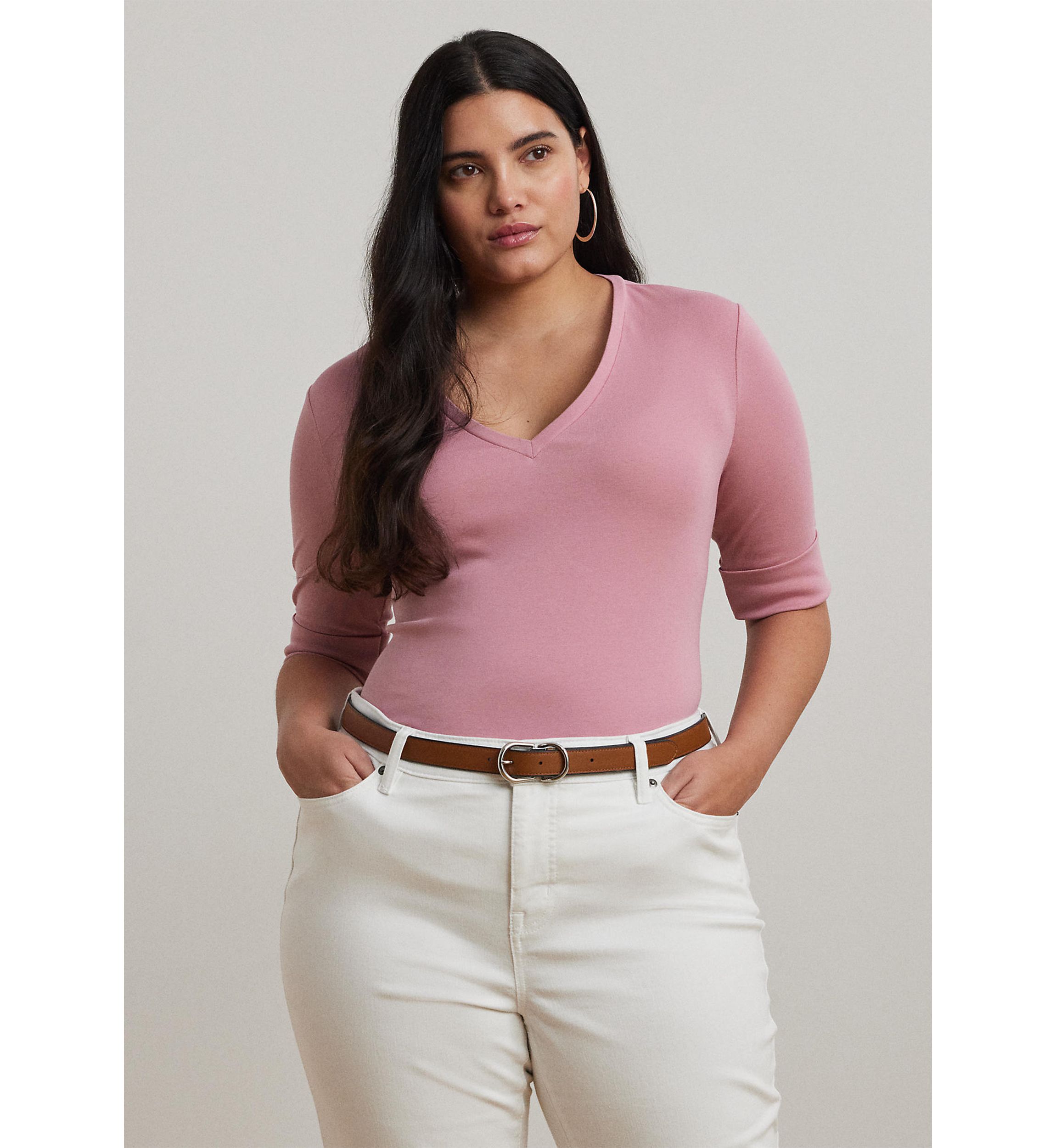 Plus Size Stretch Cotton Elbow Sleeve V-Neck T-Shirt
