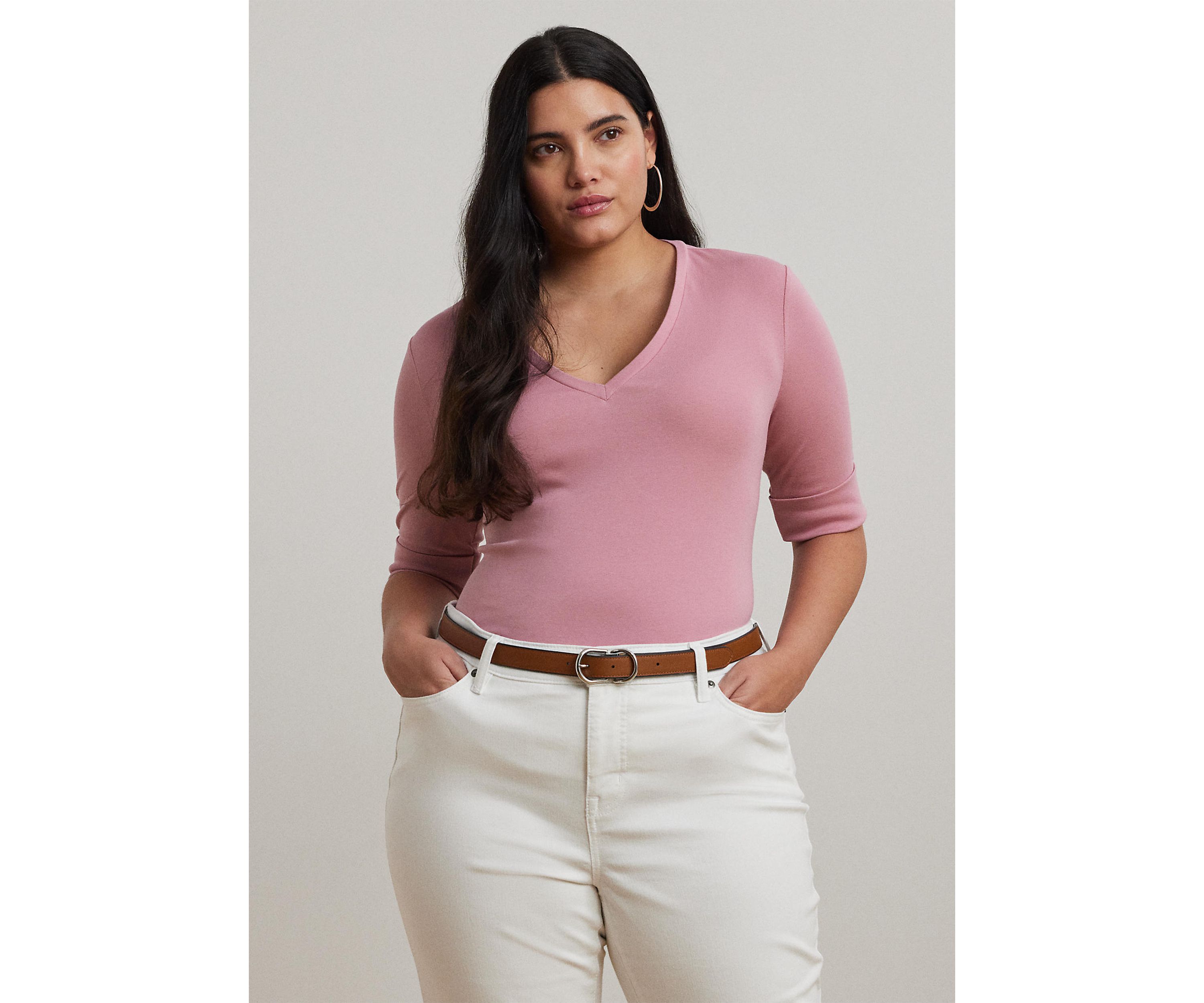 Plus Size Stretch Cotton Elbow Sleeve V-Neck T-Shirt
