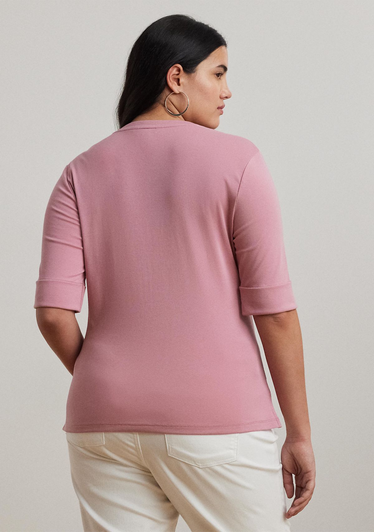 Plus Size Stretch Cotton Elbow Sleeve V-Neck T-Shirt