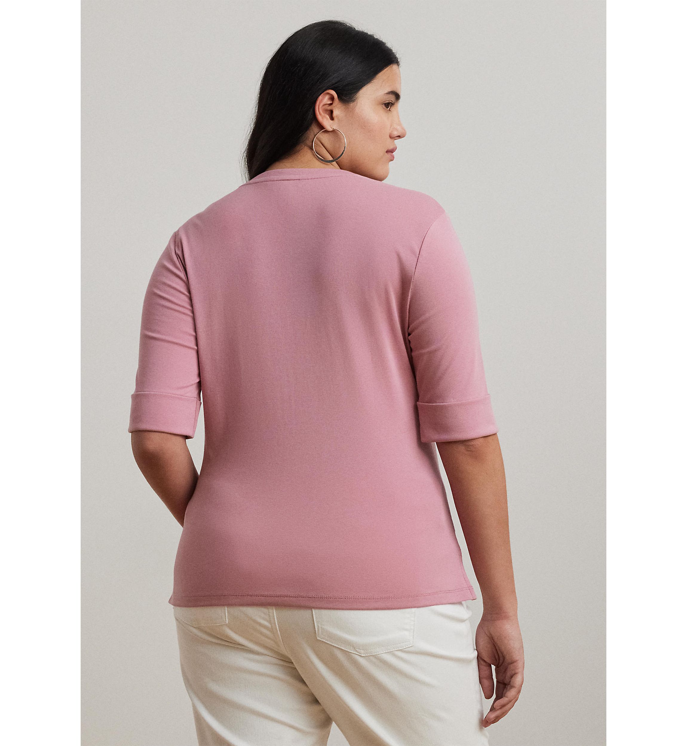 Plus Size Stretch Cotton Elbow Sleeve V-Neck T-Shirt