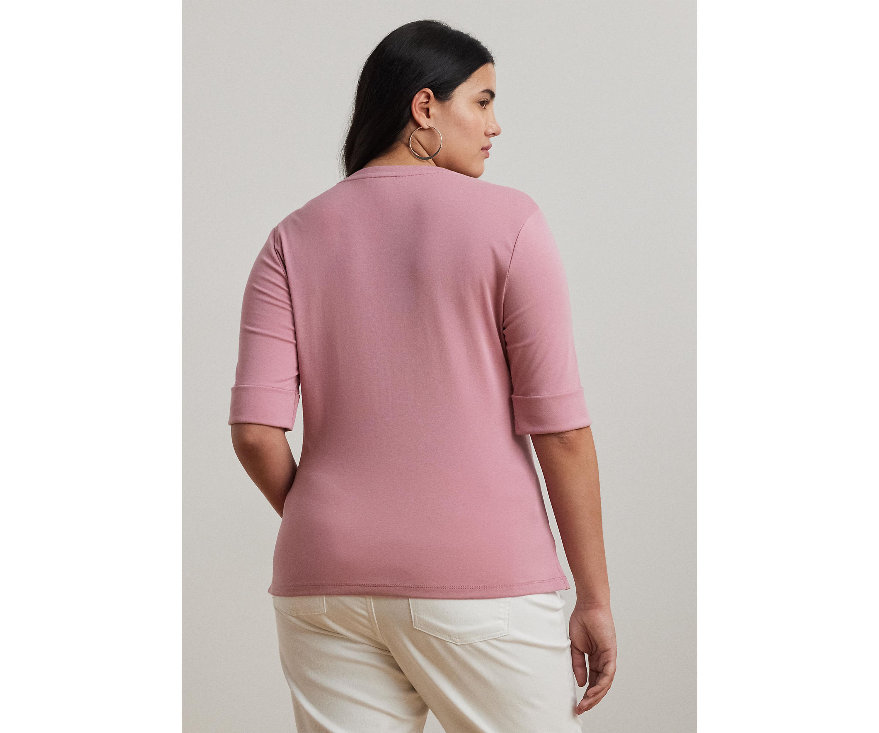 Plus Size Stretch Cotton Elbow Sleeve V-Neck T-Shirt