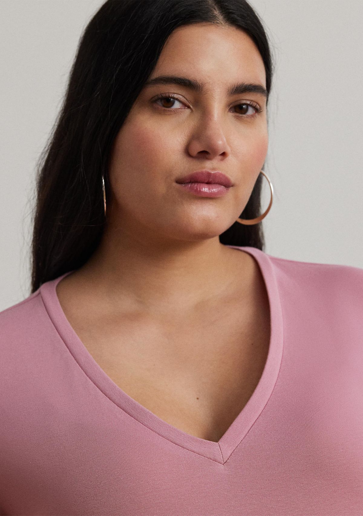 Plus Size Stretch Cotton Elbow Sleeve V-Neck T-Shirt