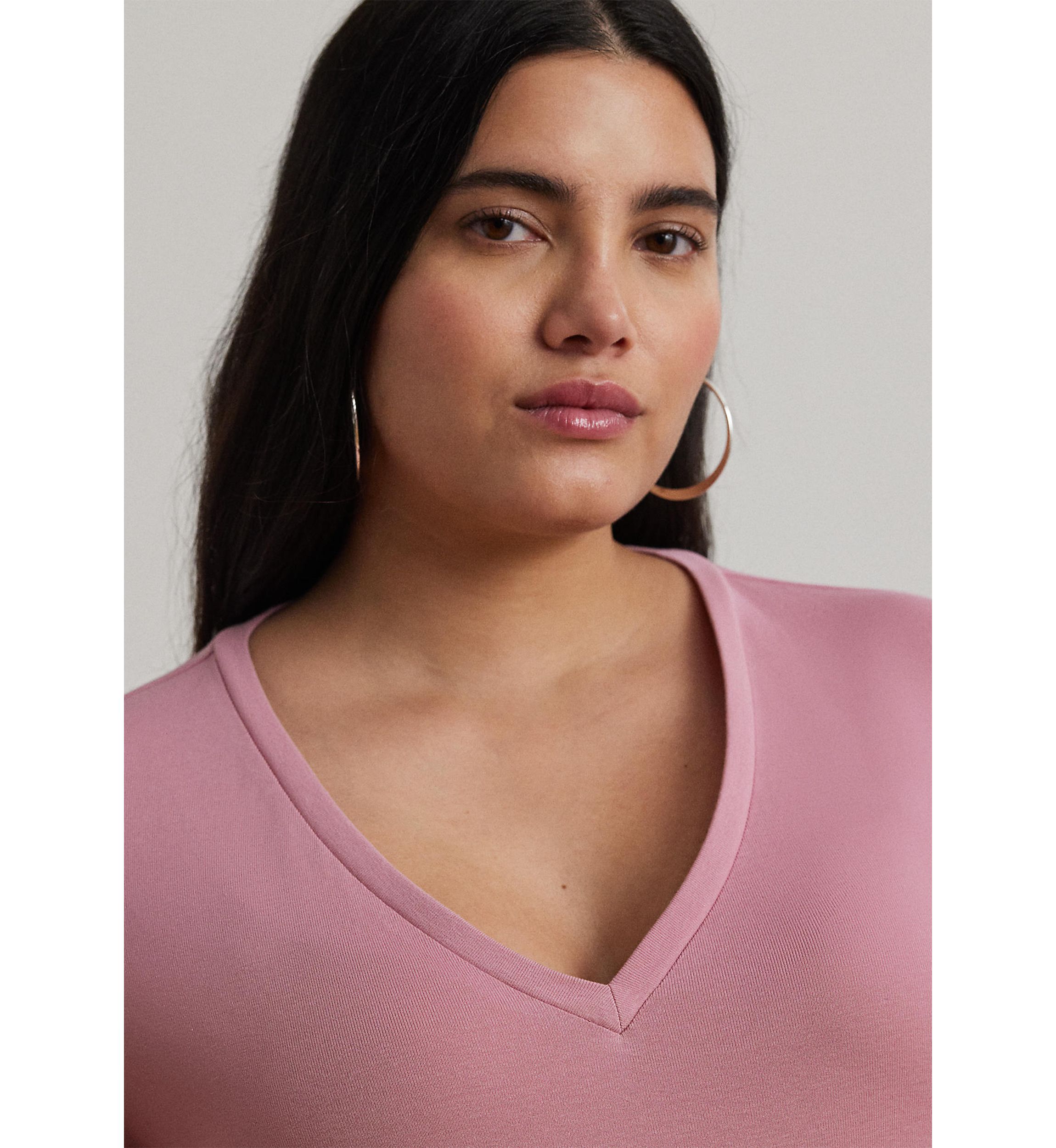 Plus Size Stretch Cotton Elbow Sleeve V-Neck T-Shirt