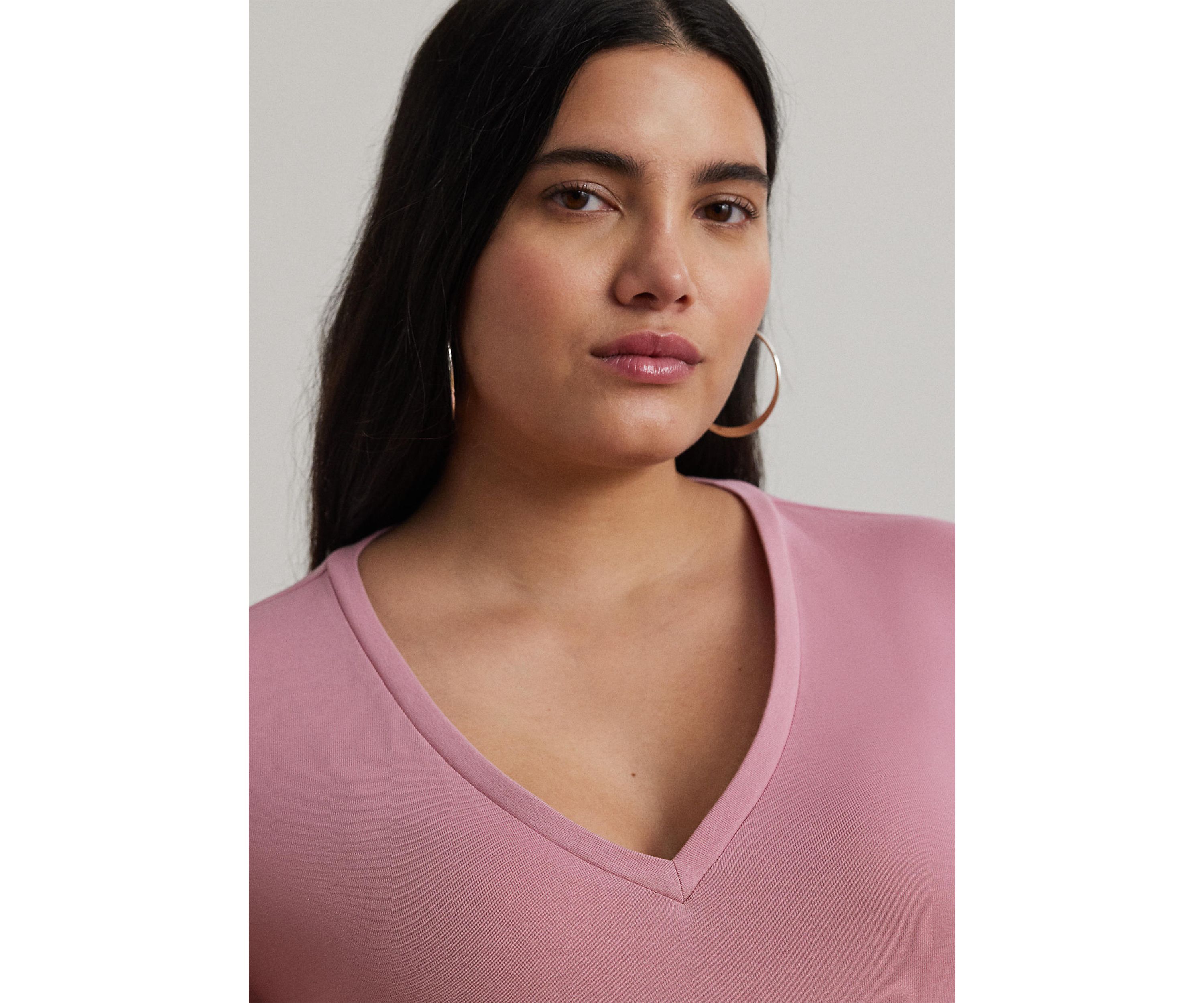 Plus Size Stretch Cotton Elbow Sleeve V-Neck T-Shirt