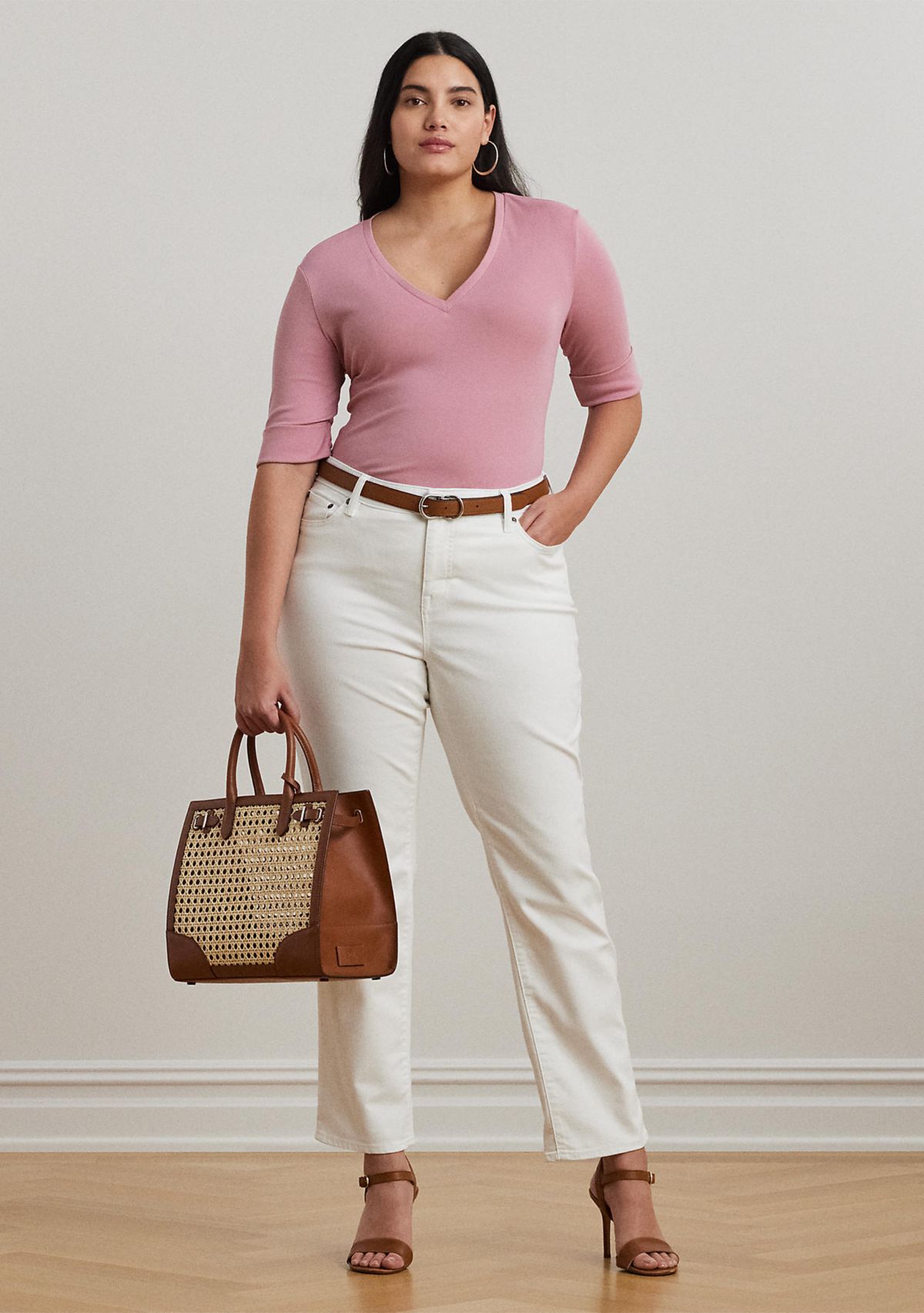 Plus Size Stretch Cotton Elbow Sleeve V-Neck T-Shirt