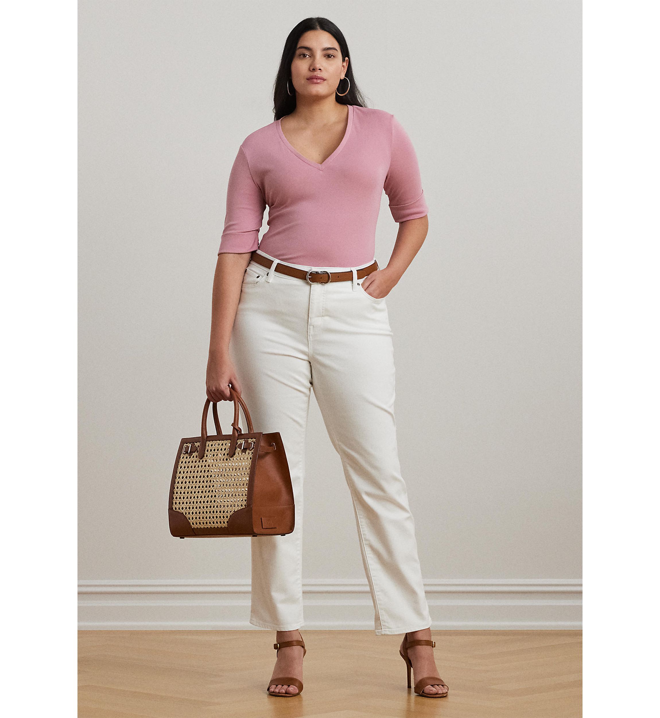 Plus Size Stretch Cotton Elbow Sleeve V-Neck T-Shirt