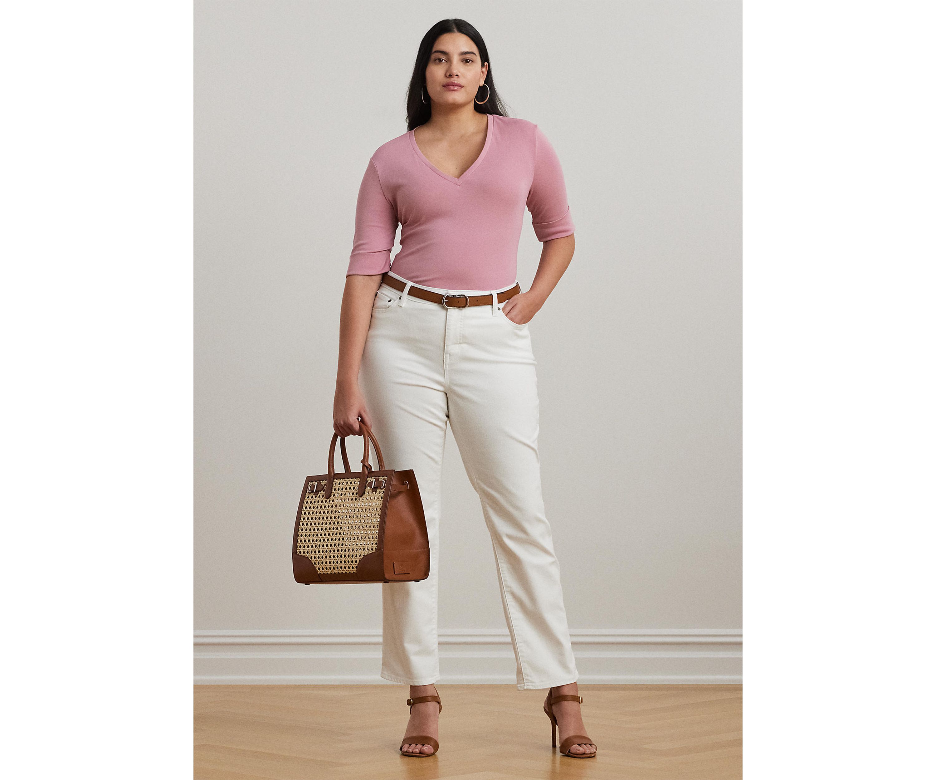 Plus Size Stretch Cotton Elbow Sleeve V-Neck T-Shirt