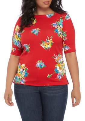 Lauren Ralph Lauren Plus Size Floral Stretch Cotton Boat Neck Top | belk