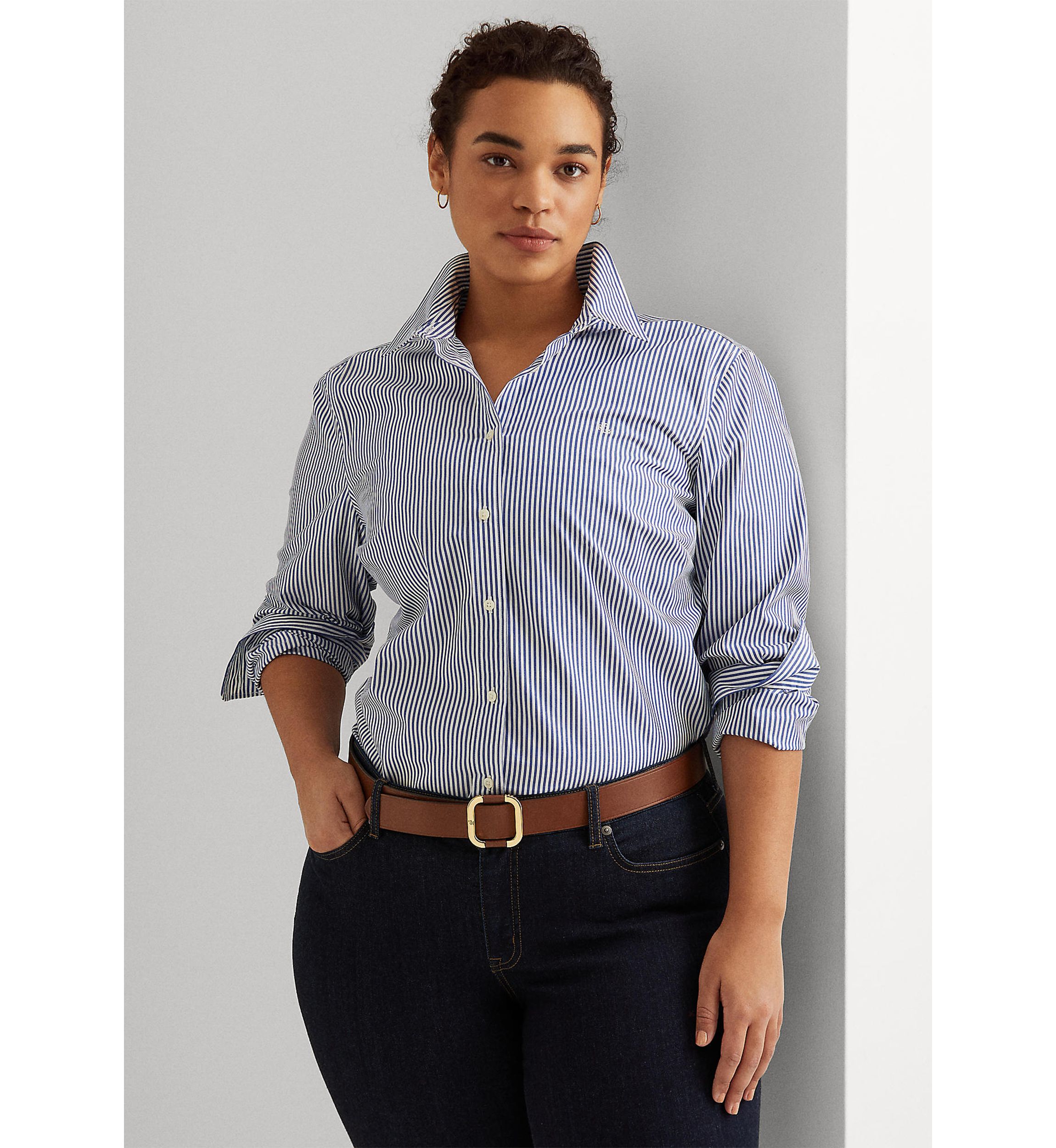 Plus Size Striped Easy Care Cotton Shirt