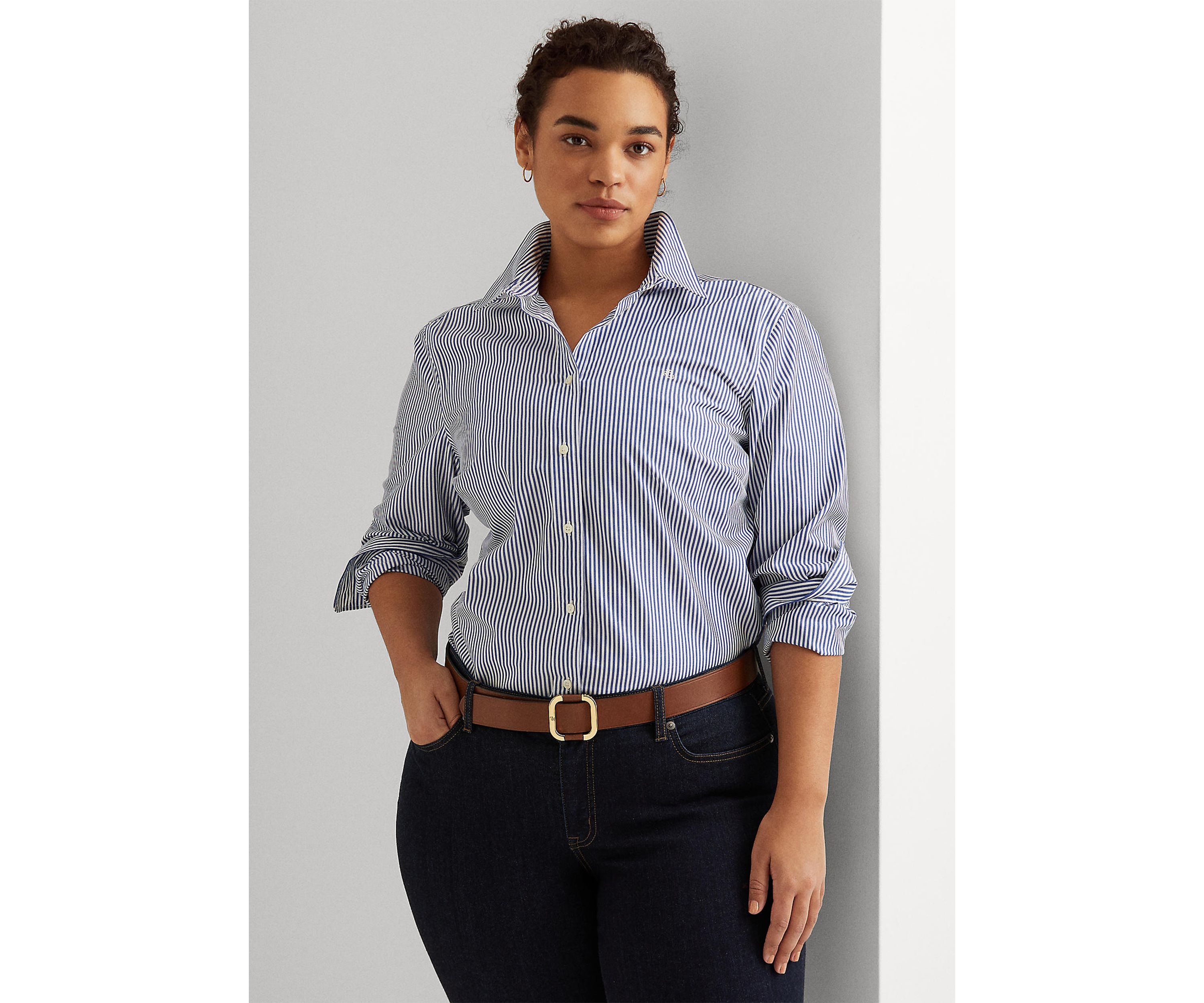 Plus Size Striped Easy Care Cotton Shirt