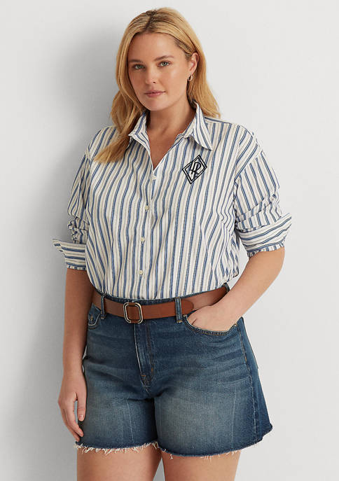 Plus-Size Striped Logo Cotton Broadcloth Shirt