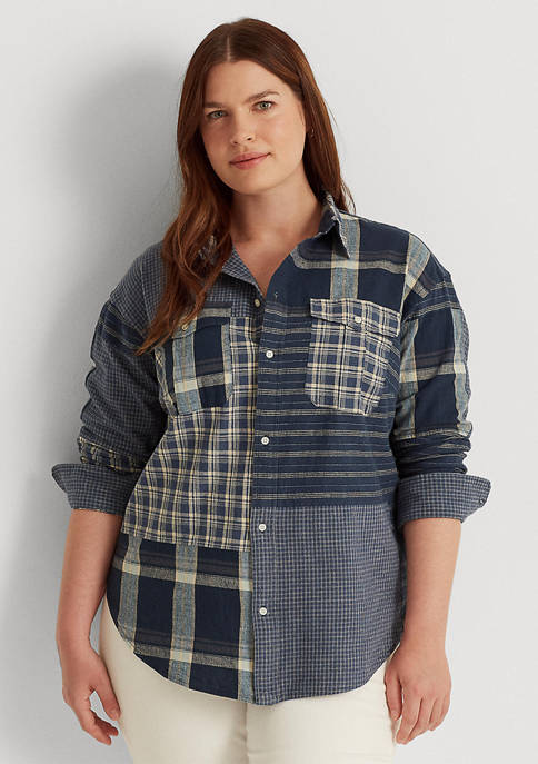 Lauren Ralph Lauren Plus-Size Patchwork Cotton-Blend Shirt