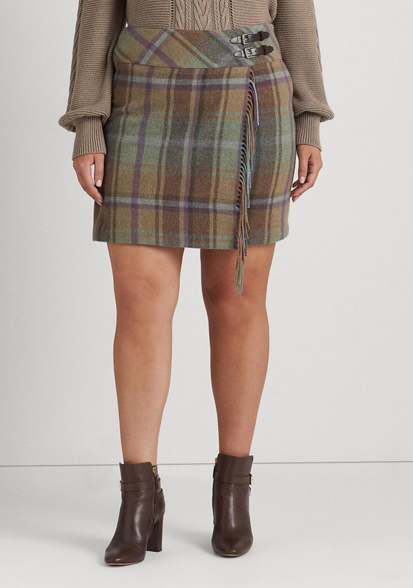 Plus Size Plaid Fringe Trim Tweed Miniskirt