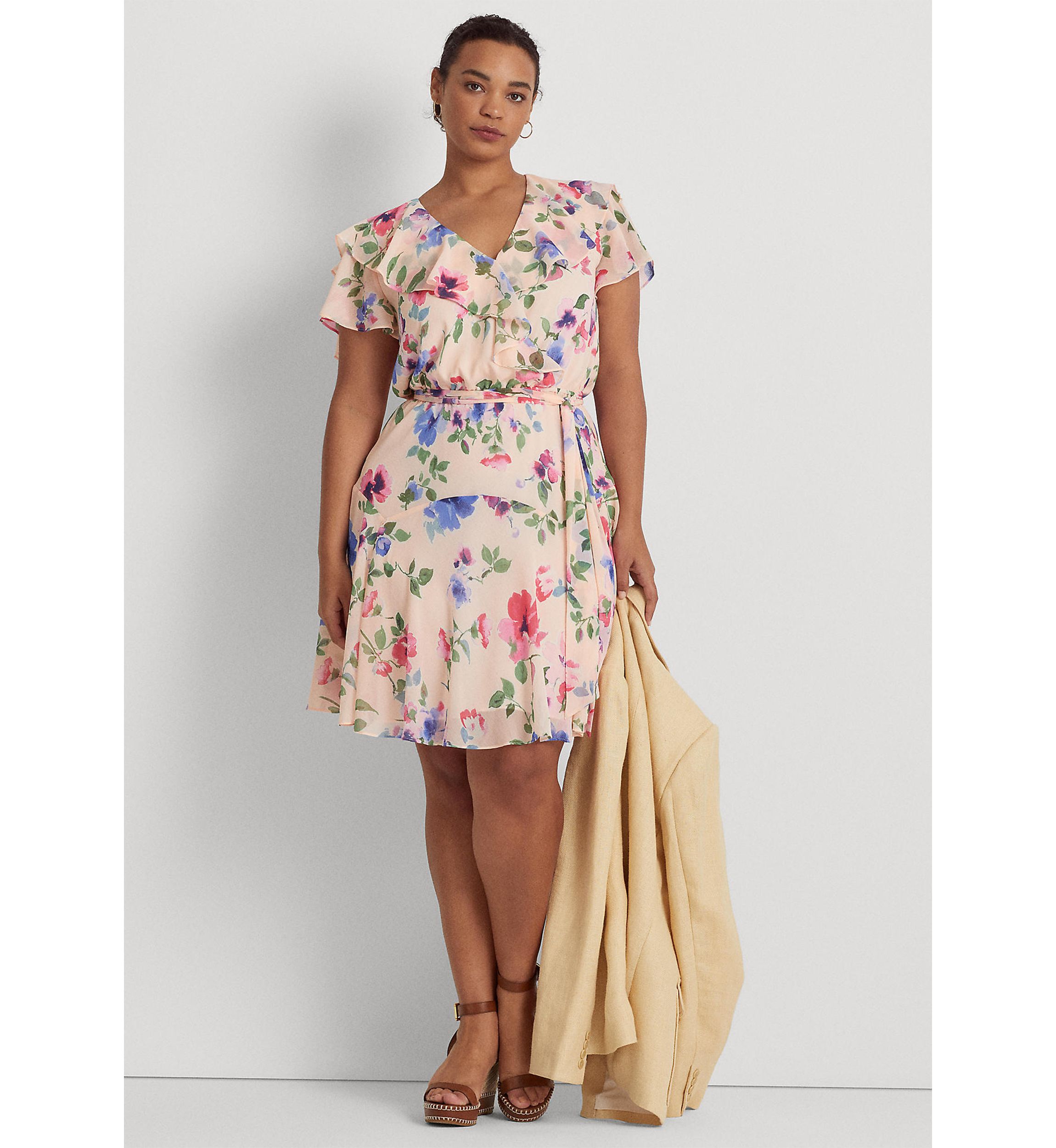 Plus Size Floral Belted Crinkle Georgette Dress