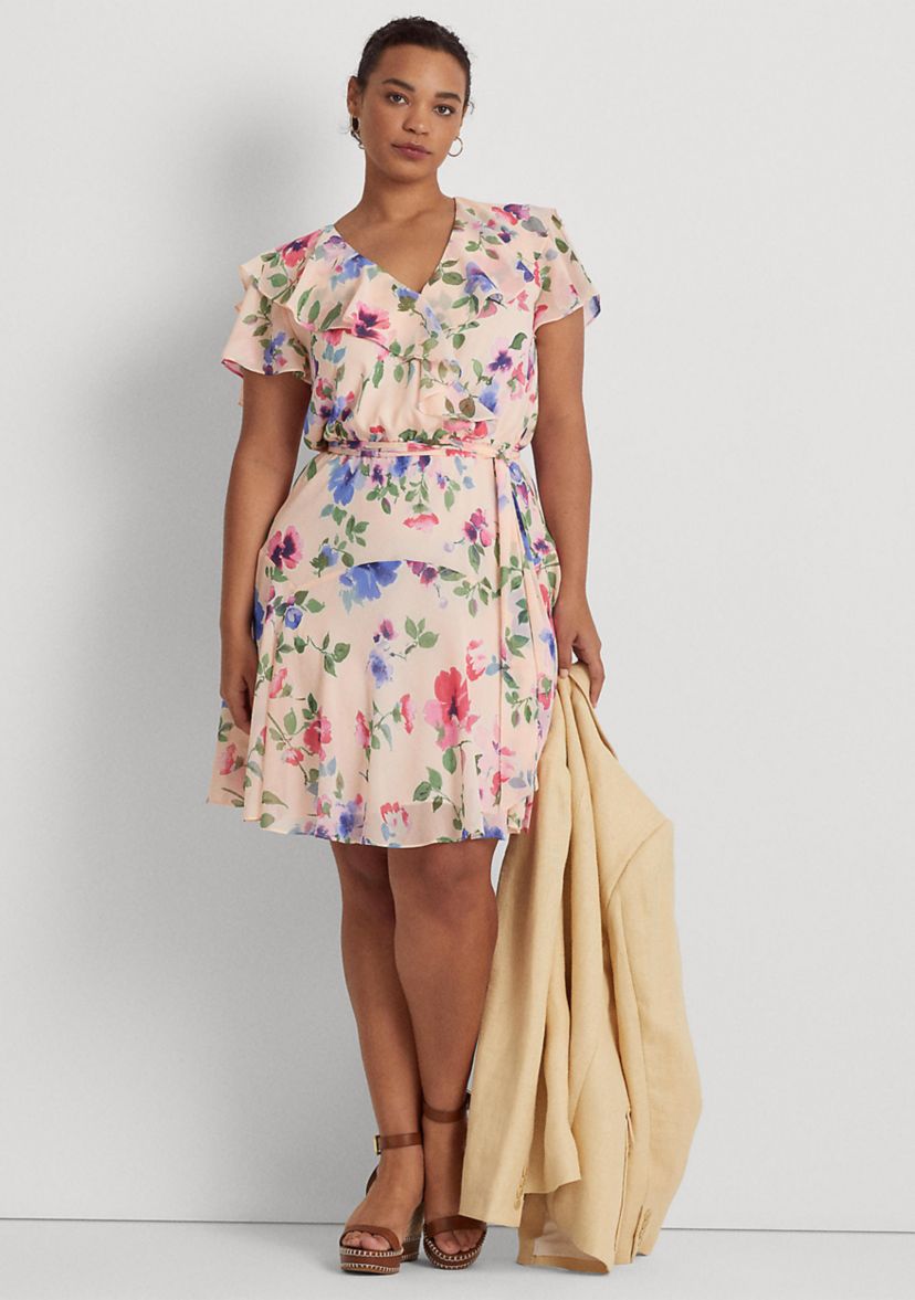 Plus Size Floral Belted Crinkle Georgette Dress