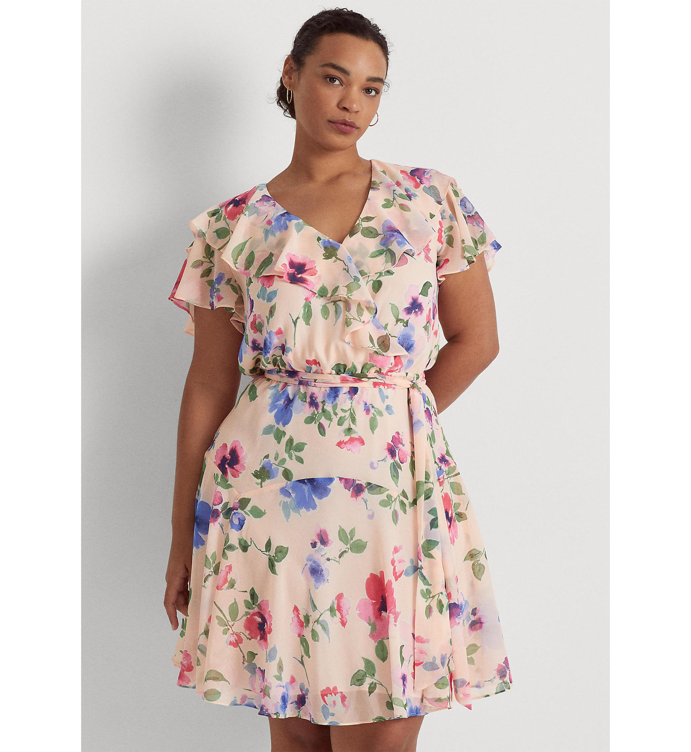 Plus Size Floral Belted Crinkle Georgette Dress