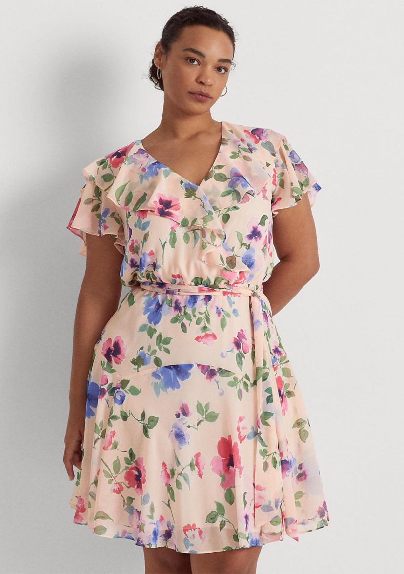 Plus Size Floral Belted Crinkle Georgette Dress