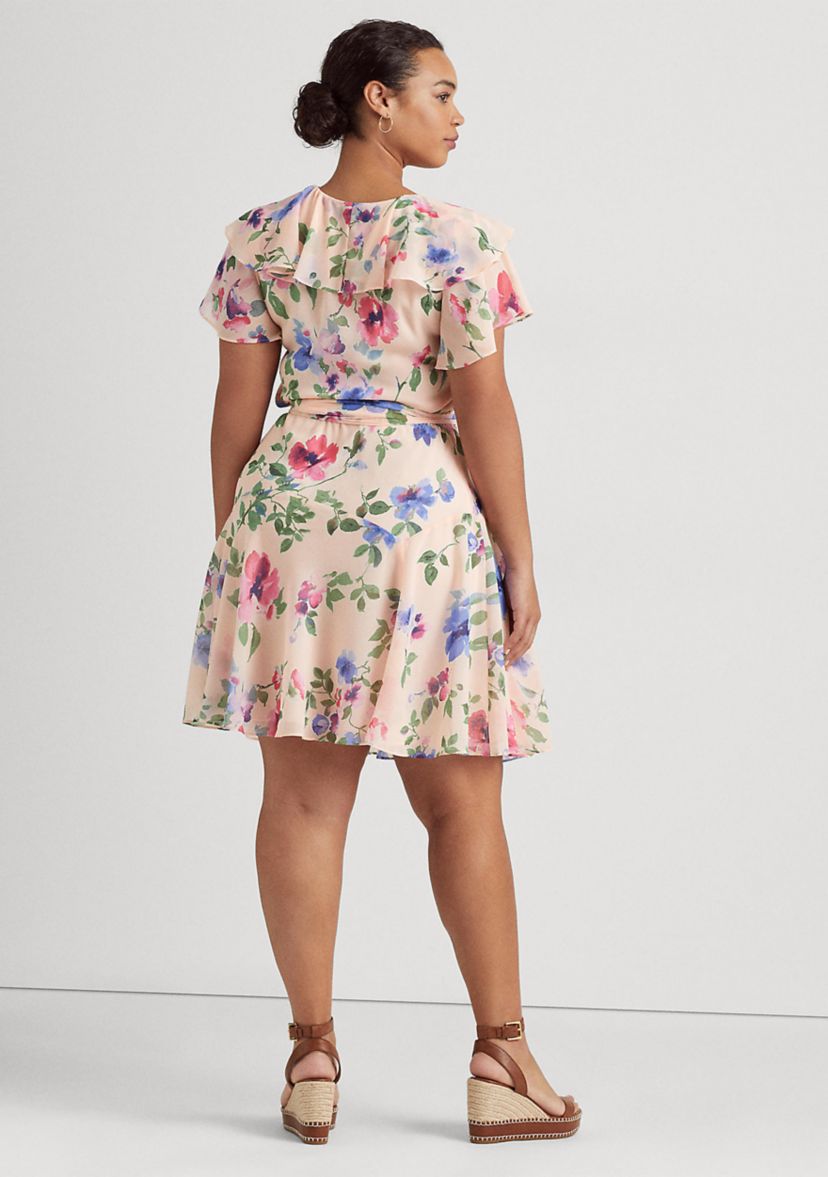 Plus Size Floral Belted Crinkle Georgette Dress