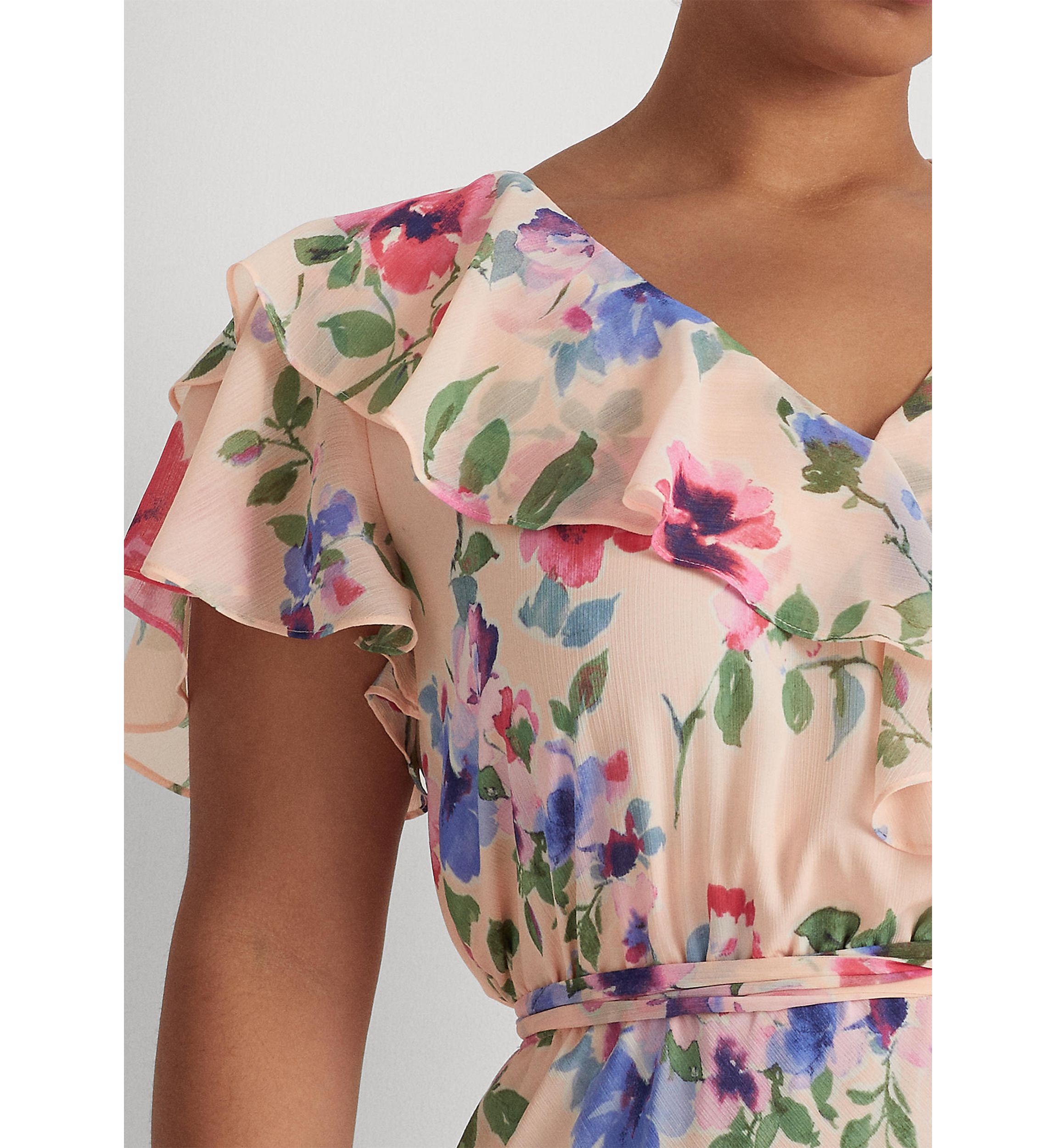 Plus Size Floral Belted Crinkle Georgette Dress