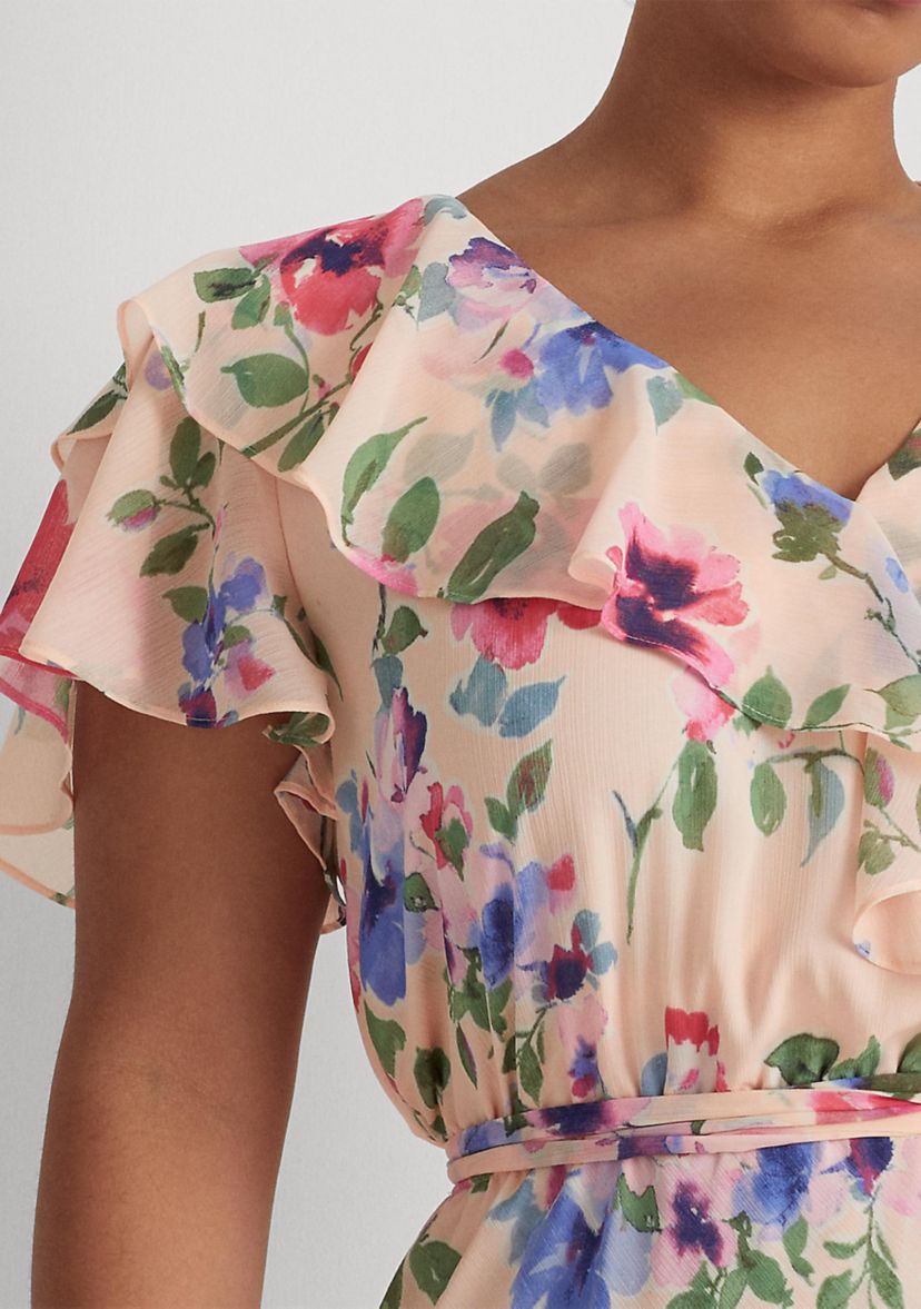 Plus Size Floral Belted Crinkle Georgette Dress