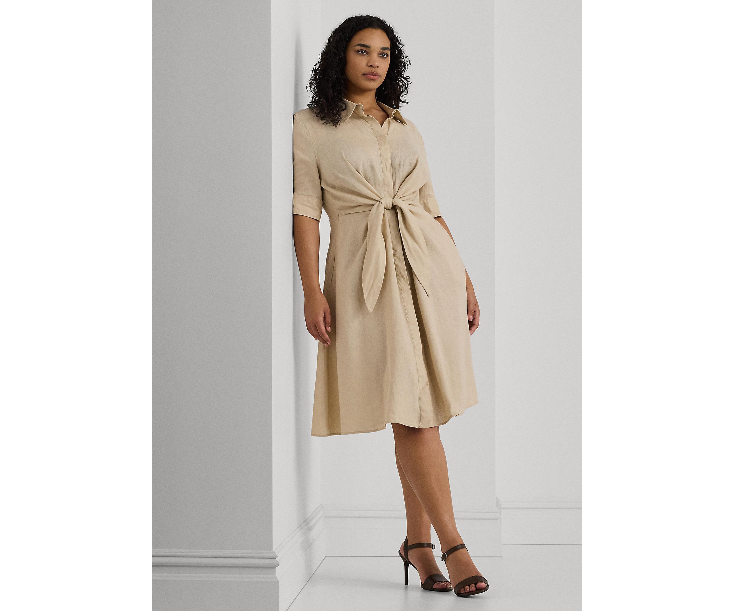 Plus-Size Tie-Front Linen Shirtdress