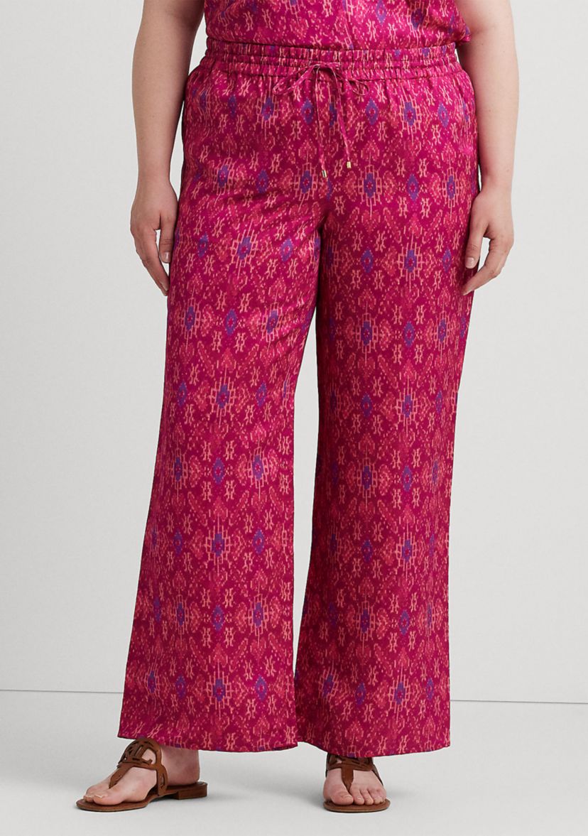 Plus-Size Geo-Print Satin Shantung Wide-Leg Pants
