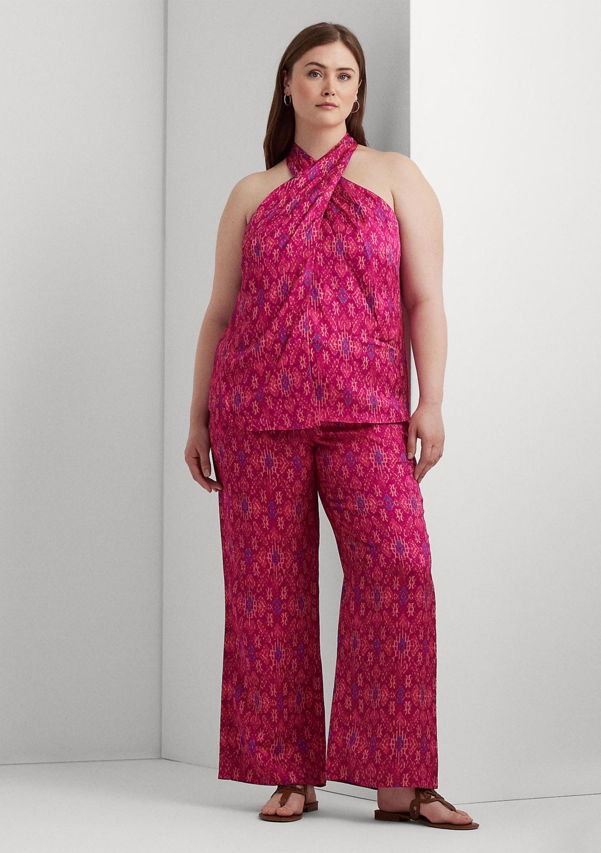 Plus-Size Geo-Print Satin Shantung Wide-Leg Pants