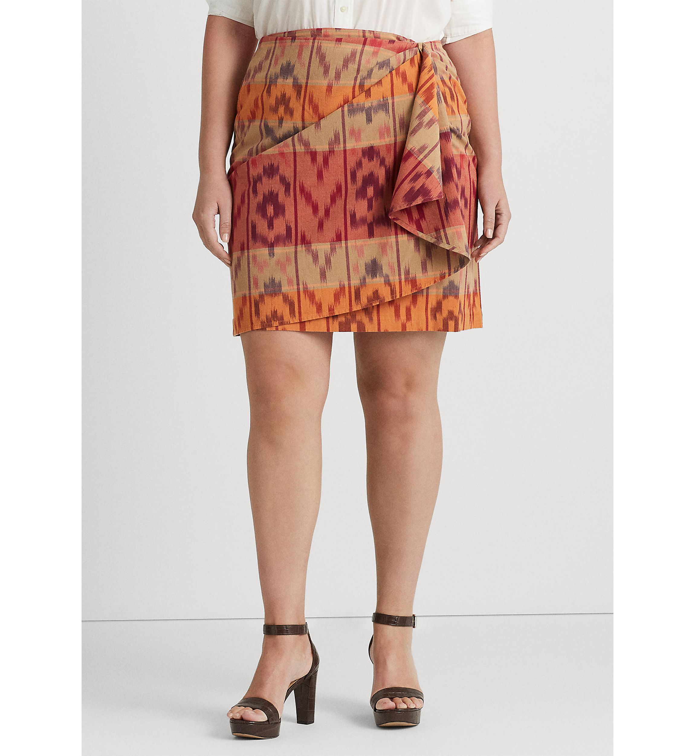 Plus-Size Geo-Motif Cotton-Linen Wrap Skirt