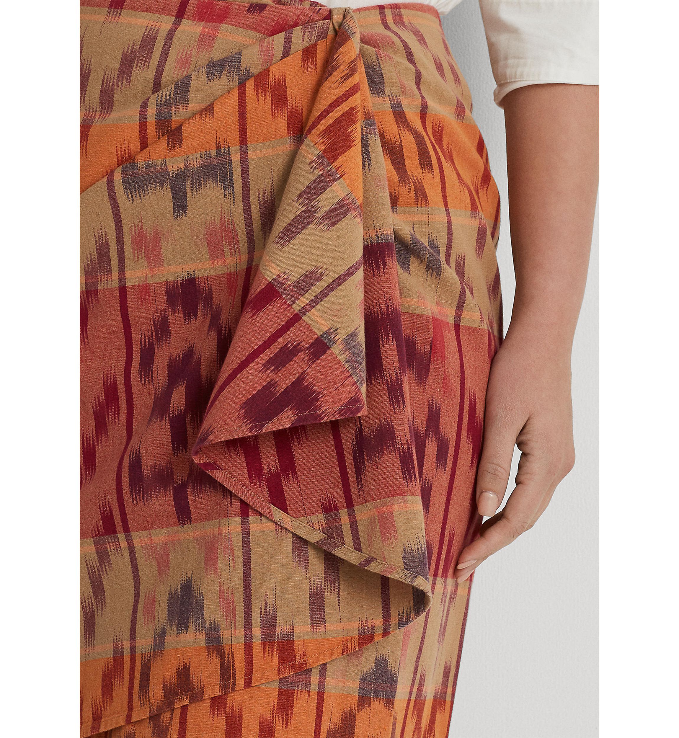 Plus-Size Geo-Motif Cotton-Linen Wrap Skirt